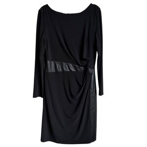 Lauren Ralph Lauren Dress Womens 14 Black Faux Leather Trim Draped Long Sleeve